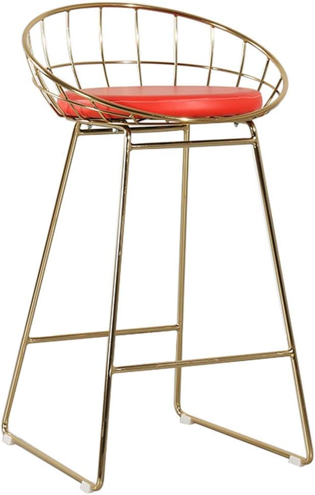 QQXX Bar Stool Chair Counter Cafe Pub Breakfast Footrest Hollow Back Design Backrest Gold Light Metal Iron Wire PU Leather 70CM