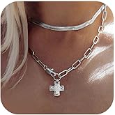 Bheop Chunky Cross Necklace for Women Trendy Gold Silver Layered Statement Cross Pendant Charm Necklace Vintage Paperclip Herringbone Snake Choker Chain Costume Jewelry Set Gift Non Tarnish