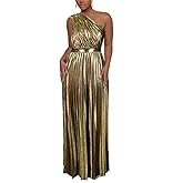 AOMEI Women's Luxury Metallic One Shoulder Sleeveless Elegant Pleated Long Dress