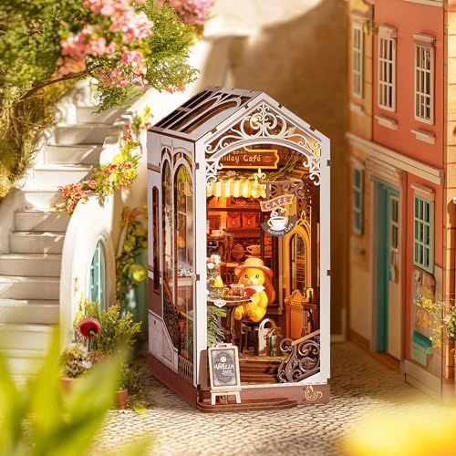 Rolife Book Nook Kit Houses Miniatures to Assemble Holiday Coffee Puzzle Wood 3D Adults with Lights Home Decoration Book Models to Build Adults Gift for Teacher Mother Children