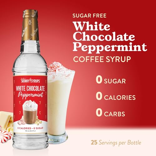 JORDAN’S SKINNY MIXES SUGAR FREE COFFEE SYRUP, WHITE CHOCOLATE PEPPERMINT COFFEE FLAVORING SYRUP, ZERO CALORIE DRINK MIX FOR LATTES, BAKING, PROTEIN SHAKE, DAIRY & GLUTEN FREE, KOSHER, 25.4 FL OZ
