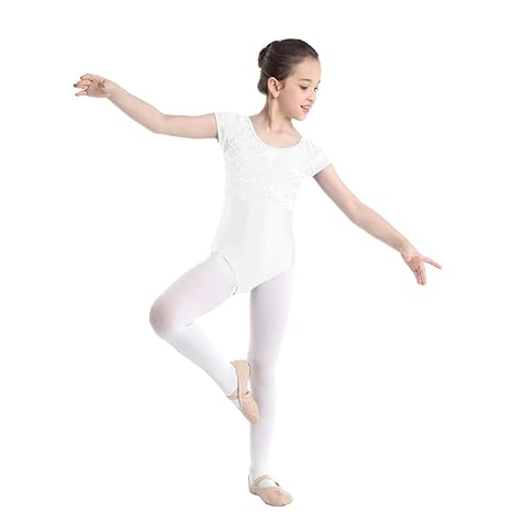 YOOJIA Kinder Mädchen Gymnastikanzug Turnanzug Kurzarm Ballettanzug Spitze Rückenfrei Ballettbody Tanz-Body Ballett Trikot Ov