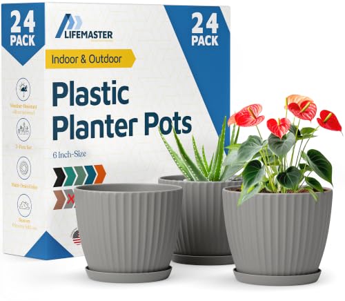 Gray 6-Inch Plant Pots with Drainage & Saucers 24 Pack, Indoor & Outdoor Plante…