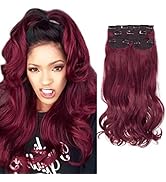 DOCUTE Dark Wine Red Thick Hair Extensions Clip In For Black Women 4 Pcs, 22 Inch Burgundy Full H...