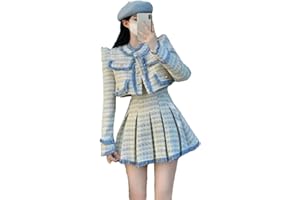 Women's Tweed Coat Tassel Jacket Short Pleated Skirts Woolen 2 Piece Sets Crop Blazers