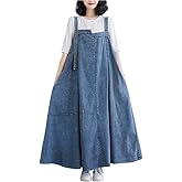 EXPOING Overall Dress for Women Jean Boho Denim Overalls Skirt Jumper Pinafore Dresses Wide Hem Adjustable Straps Loose