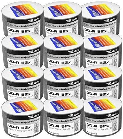 Traxdata Printable CD-R Disc 700MB 52x 600 Discs Full Face Recordable Media