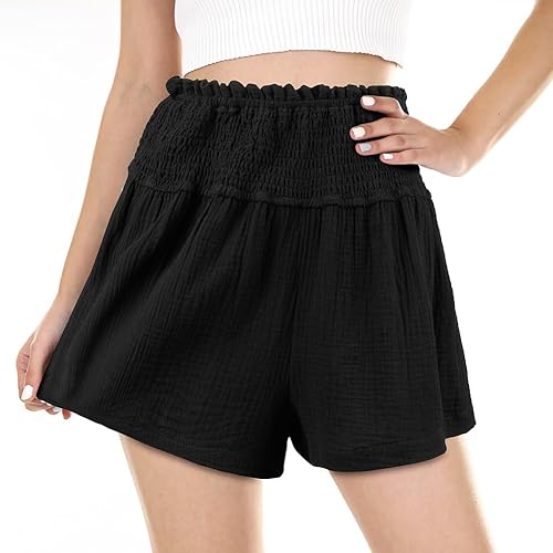 Aomig Women's High Waist Ruffle Shorts, Womens Fashion Casual Black Elastic Waist Shorts, Ladies Classic Pleated Lounge Cool Cotton Blend Summer Workout Shorts, Outdoor Sports Beach Wide Leg Shorts L