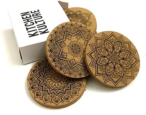 Cork Coasters for Drinks by Kitchen Kulture (Set of 8) - MANDALA designs, Absorbent, Protects Furniture, Bar Size, Eco material, Perfect Holiday Gift - Round 4 inches