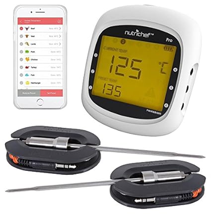 Smart Bluetooth BBQ Grill Thermometer - Upgraded Stainless Dual Probes Safe to Leave in Outdoor Barbecue Meat Smoker - Wireless Remote Alert iOS Android Phone WiFi App - NutriChef PWIRBBQ80