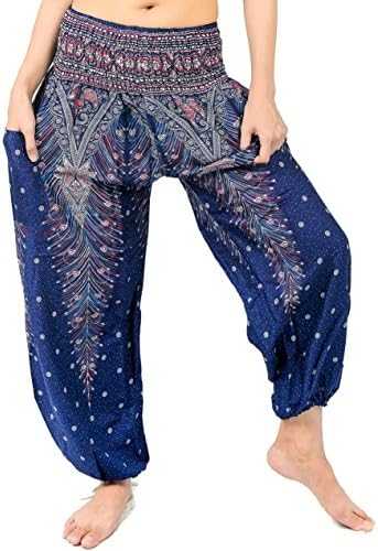 vvProud Bohemian Clothes Smocked Waist Peacock Prints Harem Pants, Perfect for Yoga, Mens, Women, One Size Fits Most