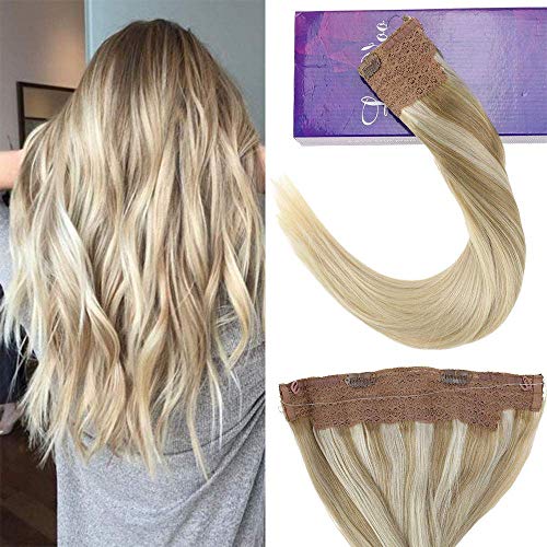 LaaVoo 12" Adjustable Invisible Wire Halo Hair Extensions Balayage Ash Blonde to Light Blonde and Platinum Blonde Remy Flip Human Hair 80 Grams 11inch Width (#18/22/60)