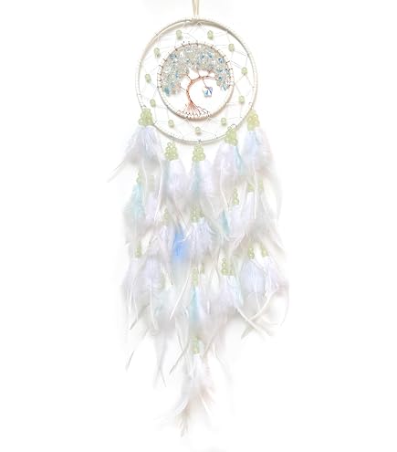 Attrape-Rêves Arbre De Vie Bleu Feelfun - Déco Murale Main Avec Plumes Et Cristal - 80cm