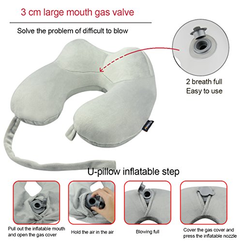 MORECOO U Shape Neck Pillow, Inflatable Travel Pillow, Super Soft, Foldable and Washable, Portable Travel Set for Airplane Car Train Office (Gray)