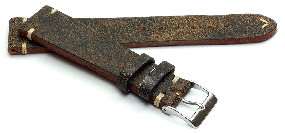 Sulla 19 mm vintage leather watch strap, handmade in Germany, retro look, brown, white stitching.