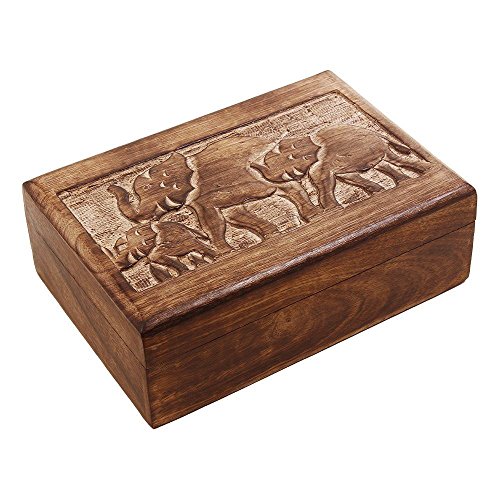 Store Indya Wooden Trinket Box with Hand Carved Elephant Motif