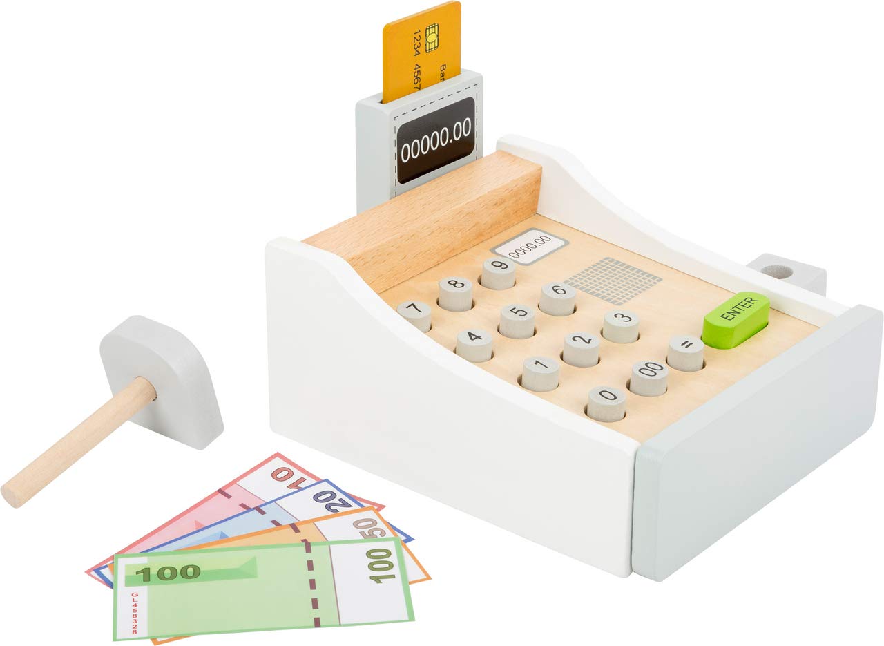 Small Foot 11099 Wooden Register, incl. Scanner, Reader, Play Credit Cards, Trains The handling of and Prices, Authentic Shopping Fun for Young and Old from 3 Years Upwards Toy, Multicolour