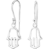 Hamsa Hand of Fatima Evil Eye Dangle Drop Earrings, 925 Sterling Silver, Boho Hippie Style 8 mm Width x 12 mm Height