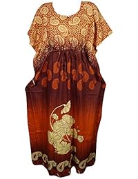 Mogul Womens Maxi Caftan Orange Printed Cotton Kimono Sleeves Kaftan House Dress