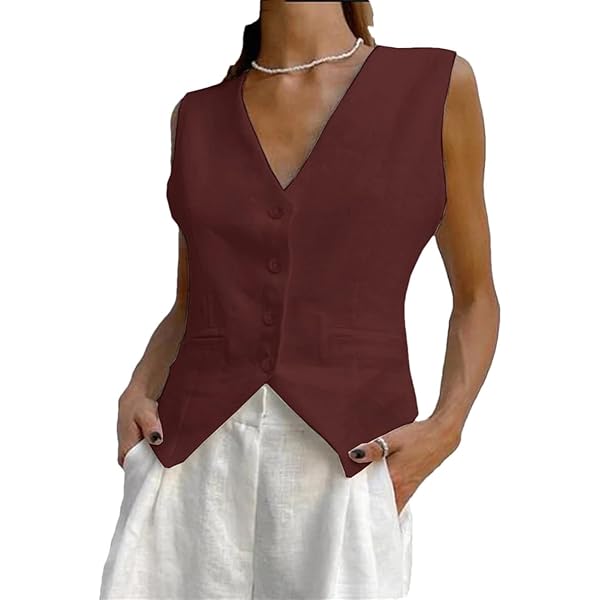 Ceehuteey Women's Summer Linen Suit Vest V-Neck Single Breasted