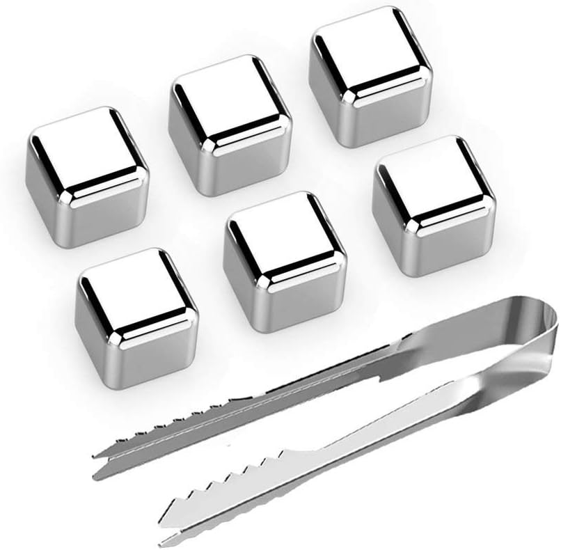 QUMOX 6x Stainless Steel Reusable Ice Cubes Chilling with Tongs for Whiskey Wine