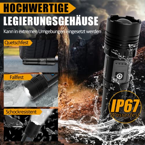 HANHUI Taschenlampe LED 10000 Lumen Extrem Hell Taschenlampen USB Aufladbar Taktische Taschenlampe mit COB Arbeitsleuchte 7 Lichtmodi IPX67 Wasserdicht Flashlight Zoombar für Camping Wandern Notfälle