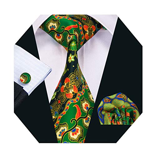 DiBanGu Men's Silk Tie and Pocket Square Print Necktie Cufflink Clip Set Wedding (Green)