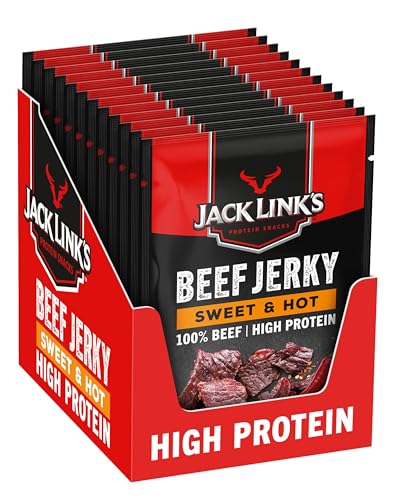 Jack Link’s Beef Jerky Sweet & Hot - 12-Pack (12 × 40 g) - Dried Meat Protein Snacks - High-Protein Snack for Gym, Fitness & Outdoor - American Food for People - Jerky Chips Made from Beef