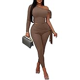 Vssjavun Women 2 Piece Outfits Sexy One Off Shoulder Long Sleeve Tops Skinny Long Pants Sets