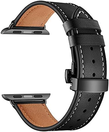 KeBitt Genuine Leather Replacement Bands Compatible with Apple Watch Series 4 3, Business iWatch2 Wrist Band Double Needle Metal Butterfly Buckle Black Stainless Steel Connector (Black, 38/40mm)