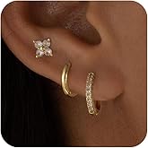 Feskive 3 Pairs Gold Hoop Earrings Set,Dainty 14K Gold/Silver Plated Cubic Zirconia Stud Earrings Small Hoop Earrings Hypoallergenic Cartilage Dangle Huggie Earrings Gold Jewelry for Women