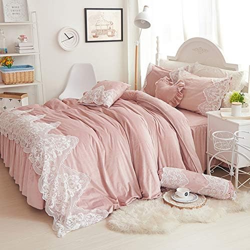サンゴ ベルベット掛け布団カバー ベッド スカート ベッド寝具セット レースと女の子 超ソフトで暖かい 4 個セット O Queen Size