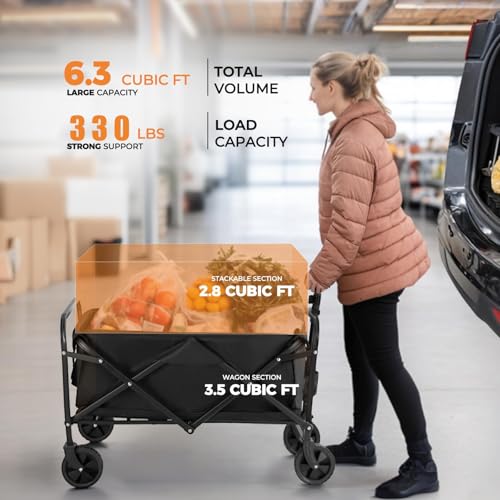 Uniiking® Collapsible Wagon 330 lbs, Heavy Duty Trolley Cart Foldable, Portable Wagons for Groceries, Beach Cart with All-Terrain Wheels & Drink Holders, Utility Wagon for Shopping, Sports, Camping