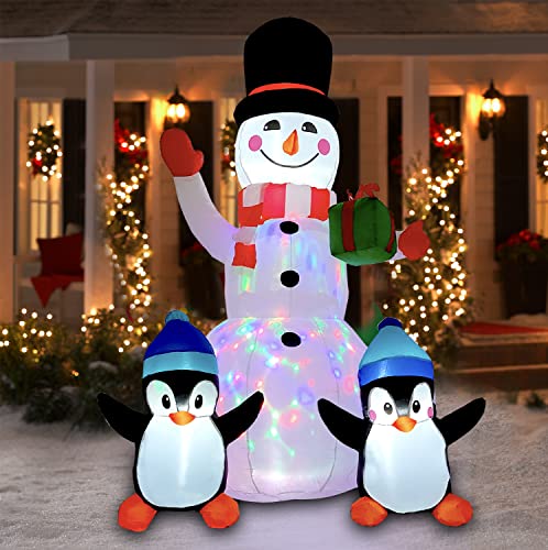 6FT Christmas Inflatables Outdoor Decorations Inflatable Snowman Penguins with Gift, Christmas Blow Up Yard Decorations with Rotating LED Lights for Indoor Outdoor Garden Lawn Holiday Décor