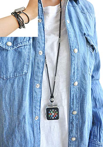 Genuine Black Leather Necklace 38mm of Series 3 2 1 / 40mm of Series 4 All Versions New Smartwatch Double Loop Two Way Cowhide Watch Strap Neckband Handmade Replacement Accessories Adaptor Wearable