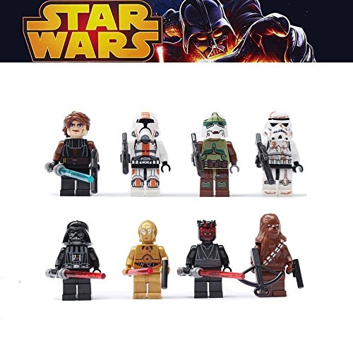 8pcs/lot Minifigures STAR WARS Darth Vader, C-3po, Chewbacca, Darth Maul, Anakin Skywalker, Bounty Hunter, Republic and Sand Troopers Minifigure Series Building Blocks Sets Toy Compatible With Lego (No box, no card)