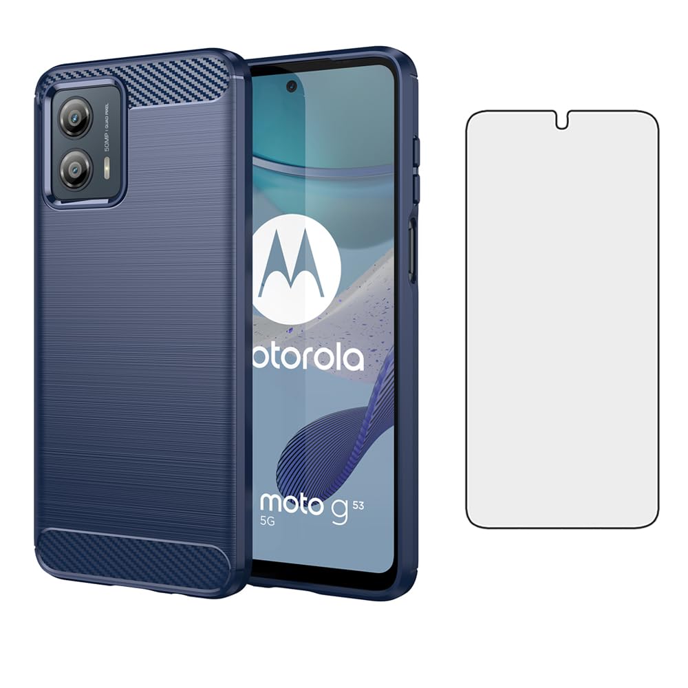 Asuwish Compatible with Motorola Moto G53 5G(Not Fit 4G) Case and Tempered Glass Screen Protector with Shockproof Slim Silicone Wireless Charging Carbon Fiber Phone Cover for MotoG53 Women Men Blue