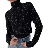 Chvity Women's Retro Floral Turtleneck Top Ultra-Soft Stretch Slim Blouse for Fall Winter, Vintage Long Sleeve Tee