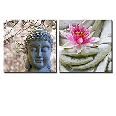 Two Piece Canvas - Buddha Statue with Cherry Blossoms and a Lotus on 2 Panels - Canvas Art Home Art - 16x16 inches
