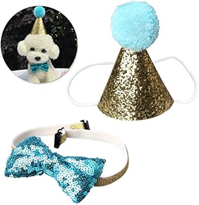 Nuosen Dog Birthday Cone Hat And Bow Tie Collar Sequin Set Mini