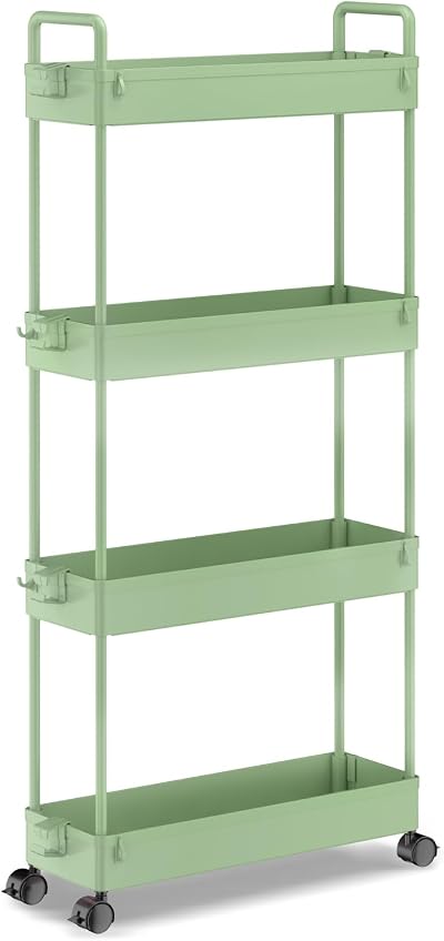 SOLEJAZZ 4-Tier Storage Trolley Cart Slim Rolling Utility Cart Green