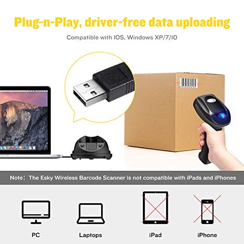 Esky Wireless Barcode Scanner 328 Ft Transmission Distance USB Cordless 1D Laser Automatic Barcode Reader Handheld Bar Code Scanner with Quick Charge Base Stand for Shop, Store,2 Pack