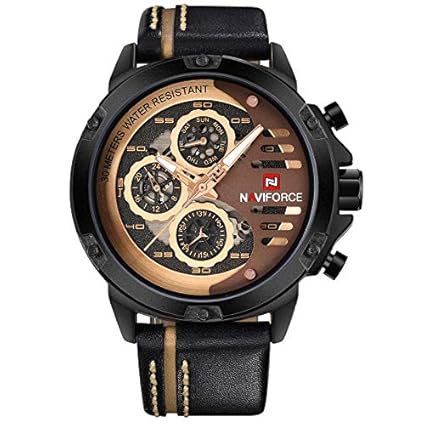 Naviforce Japanese Quartz Genuine Leather Multi-Function Chronograph Wrist Watch for Men 9110 - Black Golden