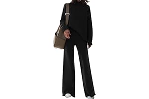 Fixmatti Women Sweater Set 2 Piece Knit Sweatsuit Turtleneck Sweater Top and Wide Leg Pant Lounge Outfits