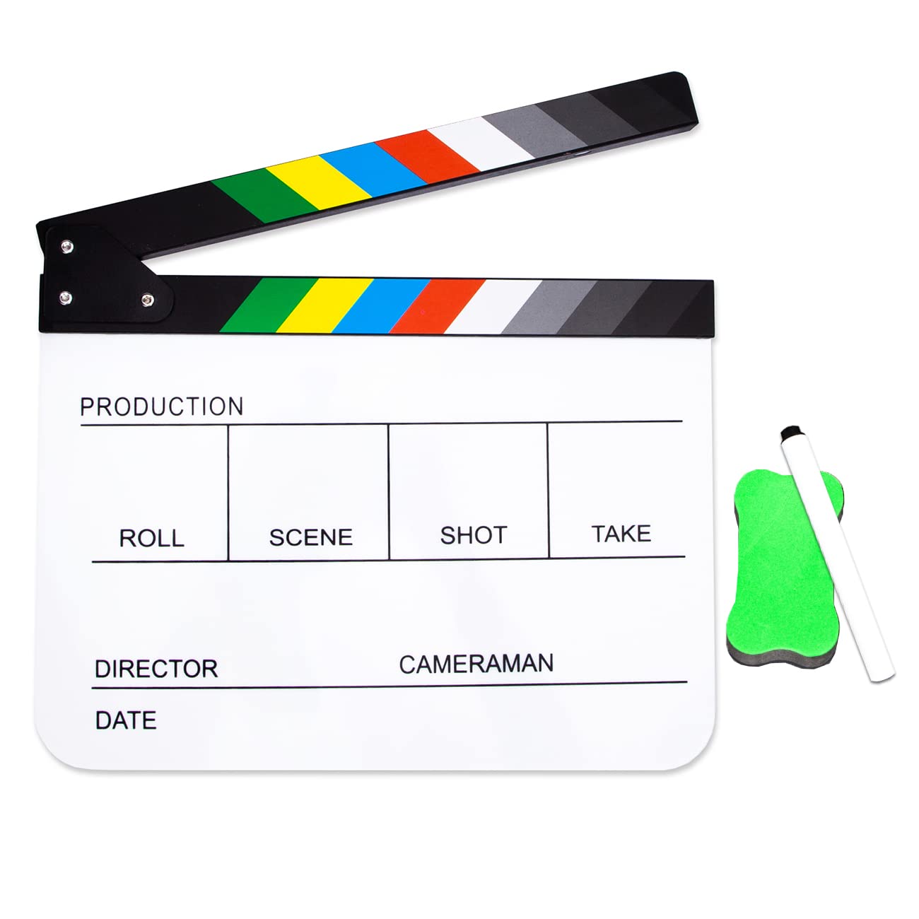 BOLLUMA Acrylic Plastic Clapper Board, 30x24cm / 12x10in Director Film Clapboard Easy Cut Action Scene Slateboard with Pen and Blackboard Eraser for Movies, Videos, TV Shows, Studio Live, White