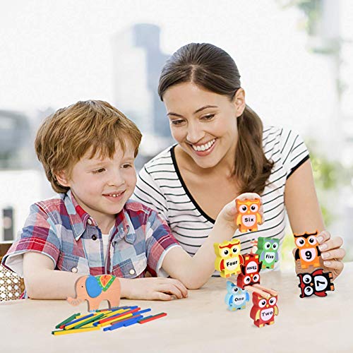 image for FUN LITTLE TOYS 55 PCs Wooden Toys Building Blocks, Elephant and Owl B