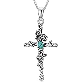 BETHZA Genuine Turquoise Cross Necklace for Women 925 Sterling Silver Natural Turquoise Rose Flower Cross Pendant Boho Vintage Western Jewelry Gifts