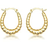 Gold Reversible Classic Beaded Oval Hoop Earrings for Women | 10K or 14K Yellow Gold