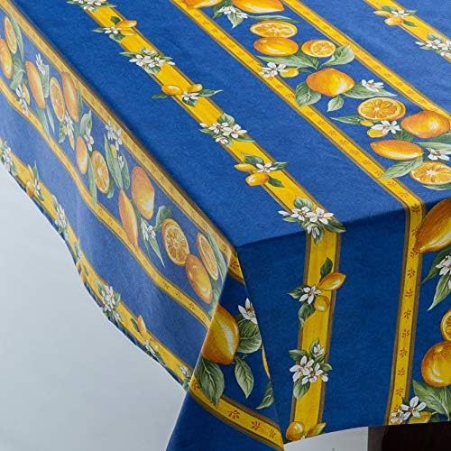Amelie Michel Wipe-Clean French Tablecloth in Lemons, Blue | Authentic French Acrylic-Coated 100% Cotton Fabric | Easy Care, Spill Proof [60" x 96" Rectangle]
