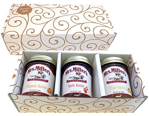 Favorite FRUIT BUTTERS Gift Assortment Box - 3 Jar Sampler, Variety Pack of Apple, Pumpkin and Pear Butter (9 oz full-sized jars) by Mrs. Miller's in a Gold Scroll Gift Box by Jarosa Gifts - Thumbnail 2